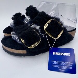 Birkenstock Arizona Shearling Big Buckle Sandals Women's Size 7 EU 38 Black